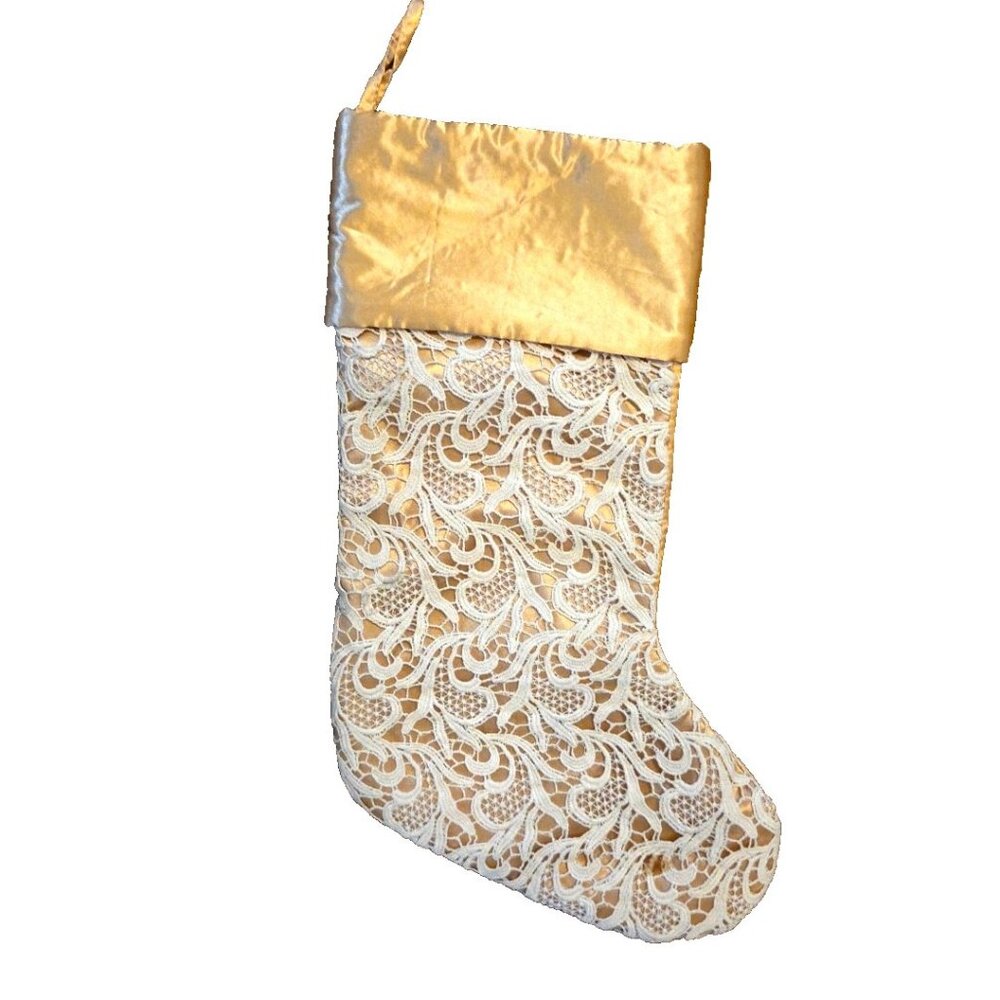 Christmas Stocking Gold Satin with White Lace 20 In